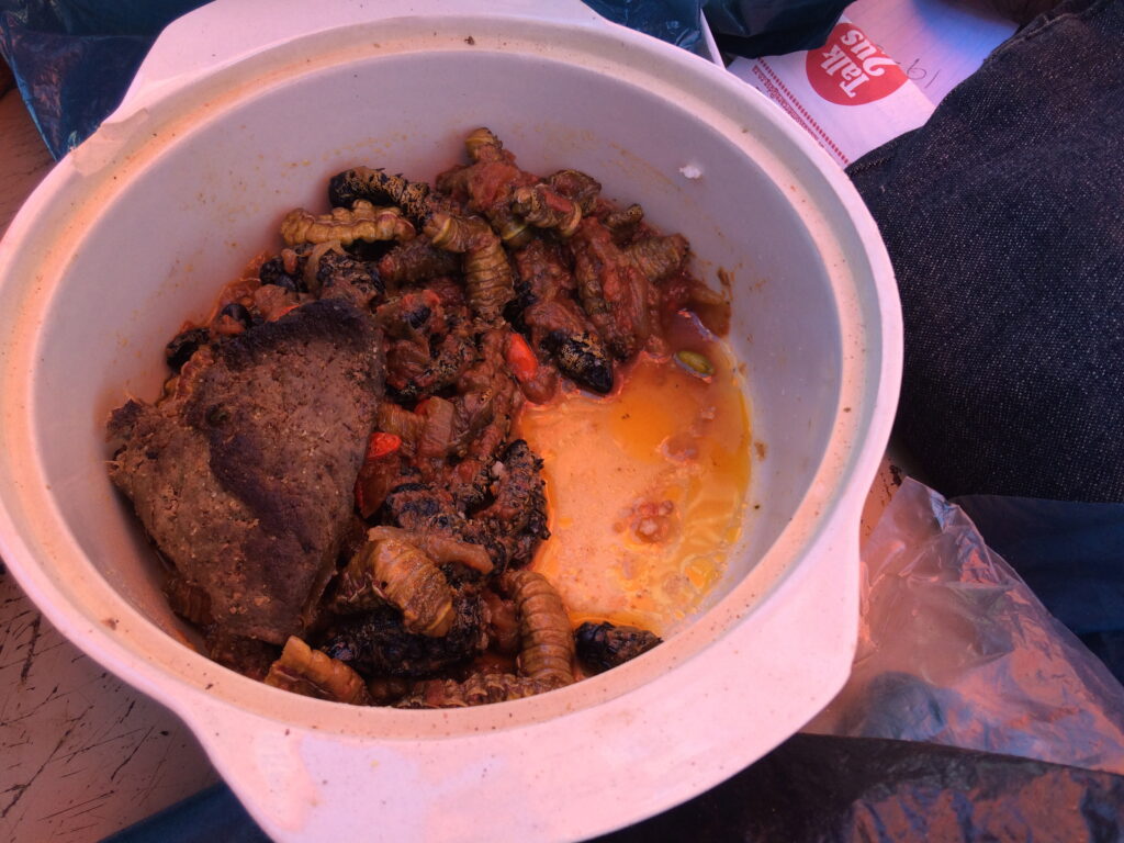 beef stew with mopani worms in a bowl